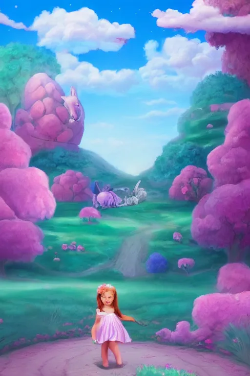 Image similar to matte sharp painting cute little girl and rabbit landscape painted by mark rydel and lisa frank, on artstation behance