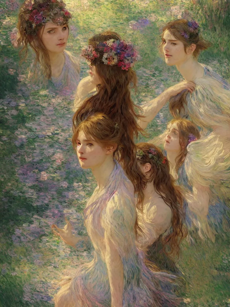 Image similar to illustration studio portrait of three beautiful seraphim female energy in artistic poses in a river in nature, monet painterly motives and textures pattern, hyper detailed, octane render, vivid colors, artstation, by jeremy mann, by alphonse mucha, by monet