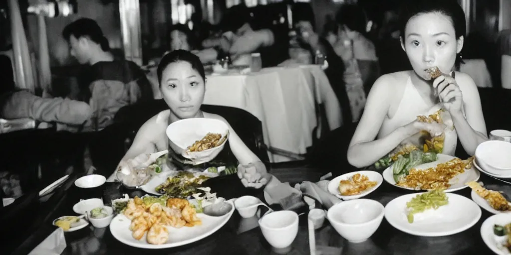 Image similar to “Bambi eating rice and fried shrimp in Chinese restaurant, realistic, 35mm film still, masterpiece”