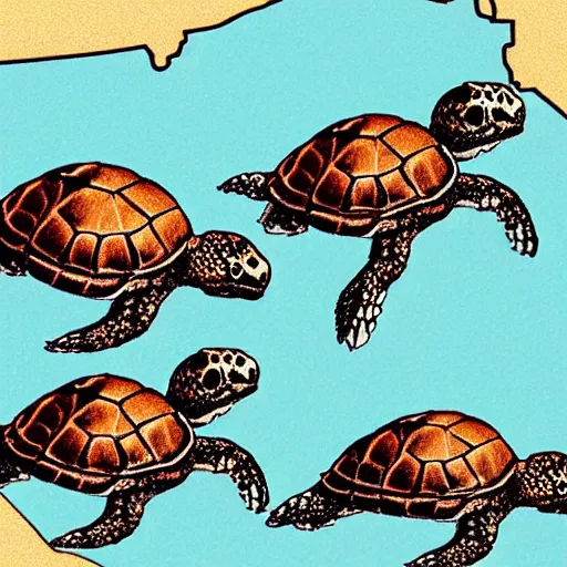 Prompt: a stack of turtles beneath a flat earth, round map, turtle pile