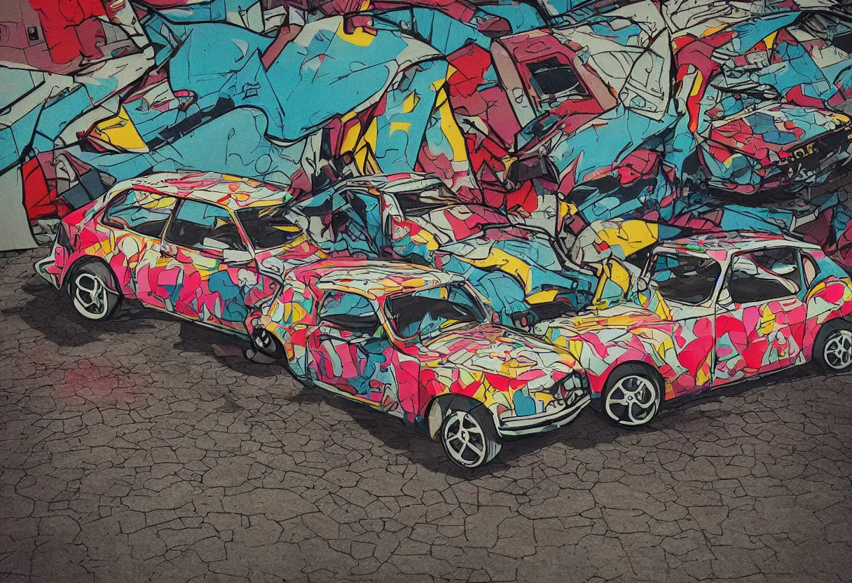 Prompt: yugo car against concrete wall as pop art, matte painting, hyperdetailed, street style, graffiti, illustration, coherent, art nouveau, beautiful render, concept art