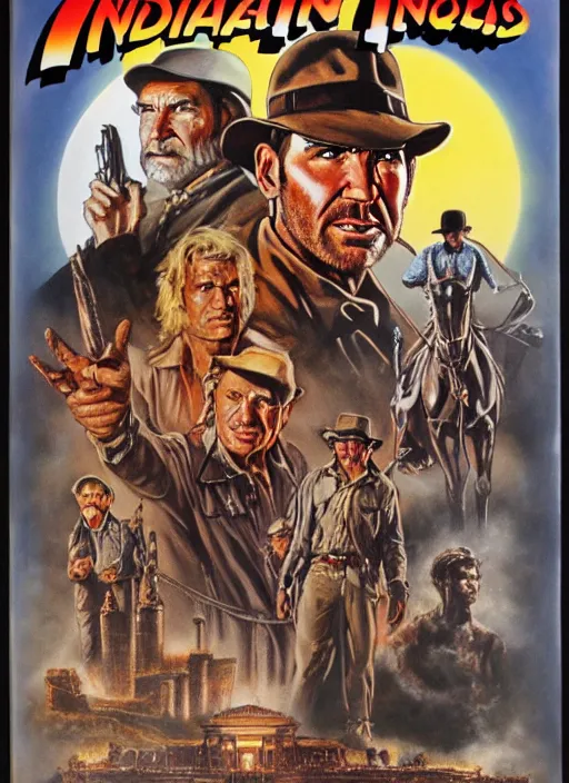 Image similar to 1 9 8 6 poster for indiana jones and the last crusade. oil on canvas. print.