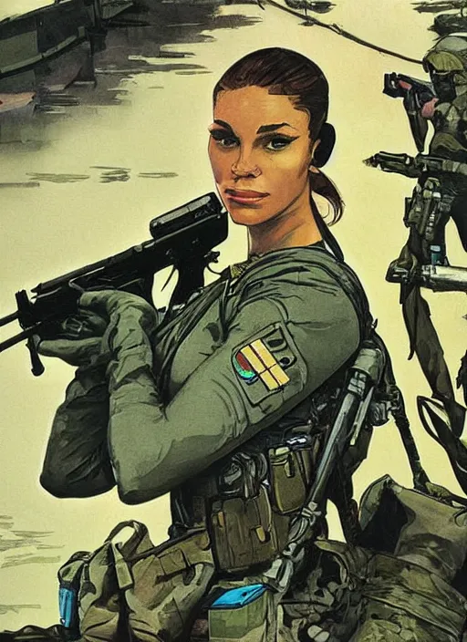 Image similar to Dinah. USN blackops operator emerging from river near shipyard. Agent wearing Futuristic stealth suit. rb6s, MGS, and splinter cell Concept art by James Gurney, Alphonso Mucha. Vivid color scheme.