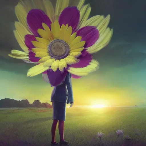 Prompt: giant daisy flower under head, frontal, a girl in a suit, surreal photography, sunrise, dramatic light, impressionist painting, digital painting, artstation, simon stalenhag