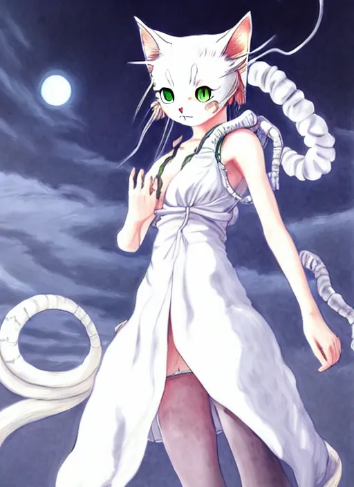 Image similar to a portrait of nekomimi wearing white dress an ultrafine detailed painting, detailed painting, detailed eyes!!, final fantasy octopath traveler lovecraft no hands ghibly