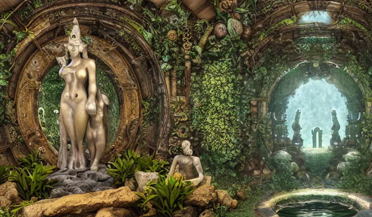 Prompt: large statues of Gaia and Oranos inside the underwater steampunk temples in the lush garden of eden located under active Toba supervolcano caldera, ultra detailed, photo realistic, digital art, octane render, 8k resolution