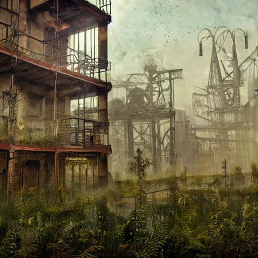 Image similar to hyper-industrial steam punk abandoned city photo overgrown taken at dusk, realistic painting, sad themed