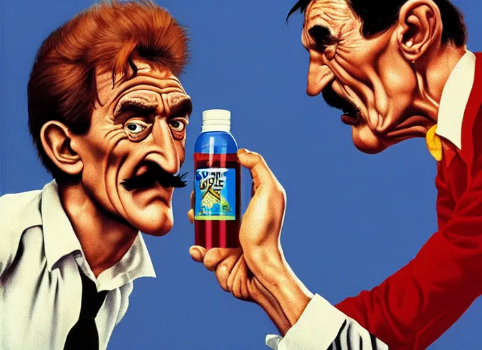 Image similar to barry chuckle drinking a bottle of snake oil, snake oil advertisement from 1 9 8 8, artwork by richard corben and rene magritte, 3 d, high resolution 8 k