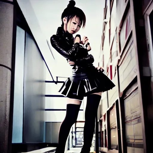 Image similar to a dynamic, epic cinematic 8K HD movie shot of a japanese beautiful cute young J-Pop idol actress yakuza rock star girl wearing leather jacket, miniskirt, nylon tights, high heels boots, gloves and jewelry. Motion, VFX, Inspirational arthouse, at Behance, with Instagram filters