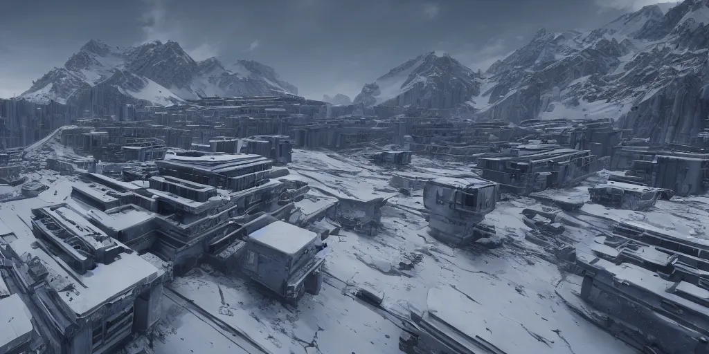 Image similar to a cyberpunk army base built on top of a high snow mountain in the alps, concrete, brutalism, rendered in octane, unreal engine 5, trending on artstation, 8 k