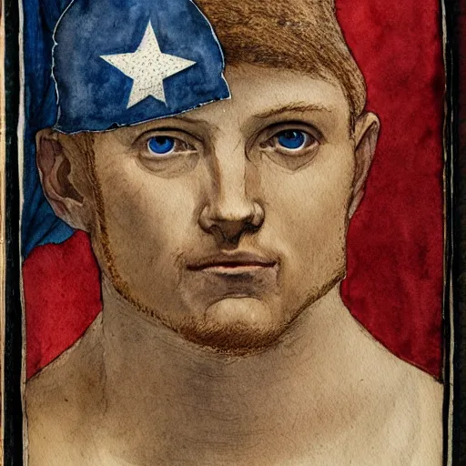 Prompt: captain America snaps, and looses his mind, hyper detailed, portrait, watercolor, by Leonardo da Vinci