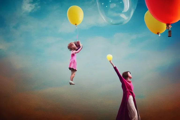 Image similar to she let the balloon float up into the air with her hopes and dreams. photo - realistic hd, hyperrealism, colourful, highly detailed, cinematic, luminescence, 3 2 k, dop, high contrast, intricate, mystery, epic, fantasy