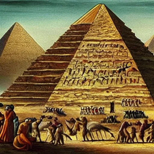 Prompt: ancient painting of otherworldly creatures building the great pyramid of giza,