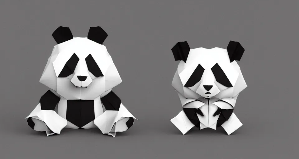 Prompt: realistic full body seen of one big cute chibi panda made of origami, intricate details, origami studio 3 design, toon boom render