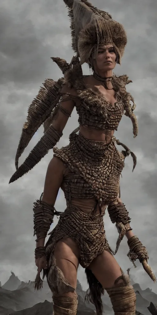 Prompt: solo ancient tribewoman standing against army, partially destroyed armor inspired monster hunter,back camera, muscular, symmetrical face, clean face, subtle make up, dramatic lighting, cinematic, establishing shot, extremely high detail, photorealistic, 300 the movie,monster hunter the movie, dune the movie, cinematic lighting, artstation, octane render, western,old photo, vintage, dust and destruction happening around her, freeze time