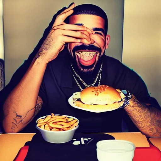 Image similar to rapper drake eating fast food photo taken by a fan, photorealistic, dynamic light, iphone 1 3, studio, ultra detailed