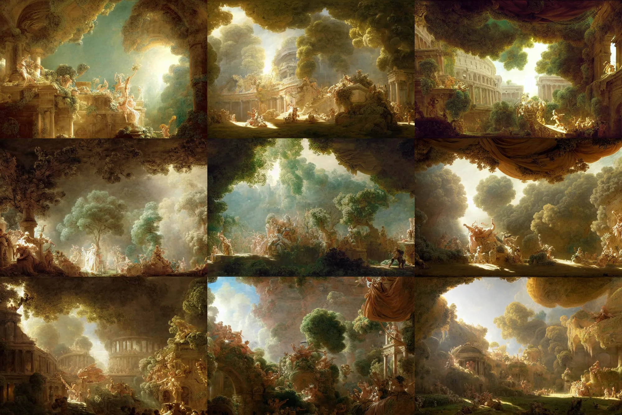 Prompt: epic battle at a colloseum, green drapery, hanging tarp ceiling showing the stars, lush trees, stoic, light dust, magnificent, hyperdetailed, theatrical, close up, masterpiece, painted by jean honore fragonard and greg rutkowski