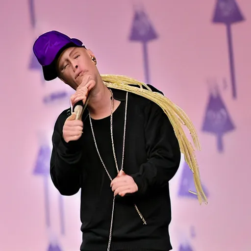 Prompt: eminem wearing a hat made of spaghetti and a purple dress