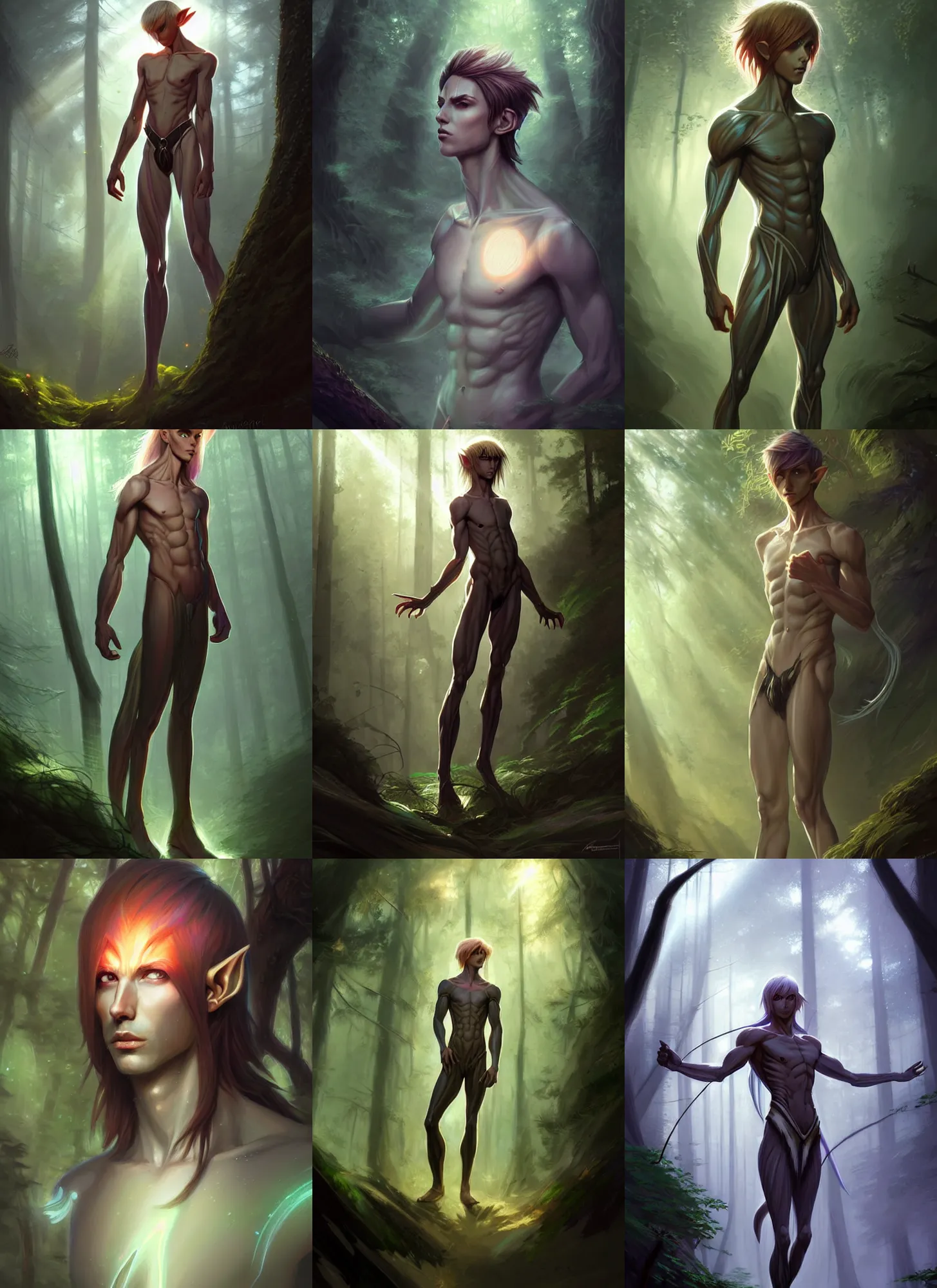 Prompt: digital concept art by nixeu, by artgerm and greg rutkowski, iridescent, portrait of an androgynous lithe male elf in the forest, fullbody, long hair, god rays, hyper detailed, character concept, glowing particulate, intricate, elegant, digital painting, artstation, smooth, sharp focus,