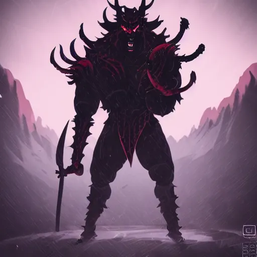 Image similar to a giant oni villain, similar to aku from samurai jack, epic d & d art, highly detailed, hq, trending on artstation, cyberpunk, retrowave, epic, dark fantasy