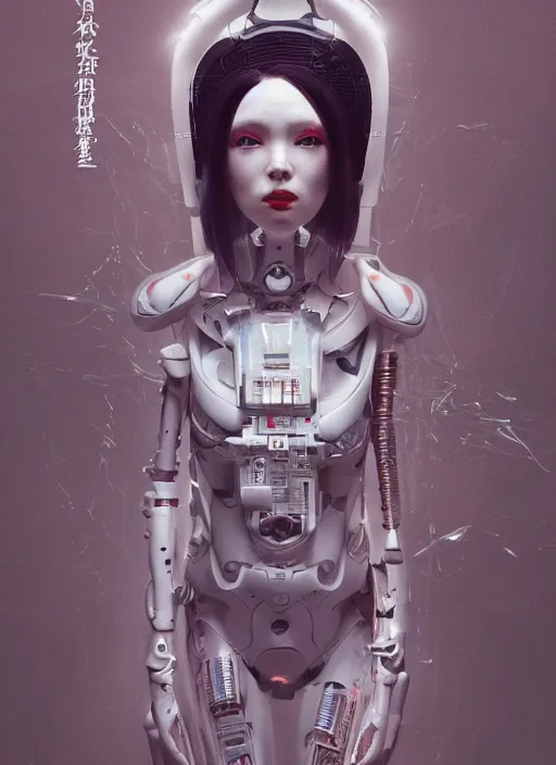 Prompt: portrait of a futuristic geisha cyborg, in the style of ghost in the shell, kintsugi, modern fine art, fractal, intricate, elegant, highly detailed, digital photography, subsurface scattering, by jheronimus bosch and greg rutkowski,