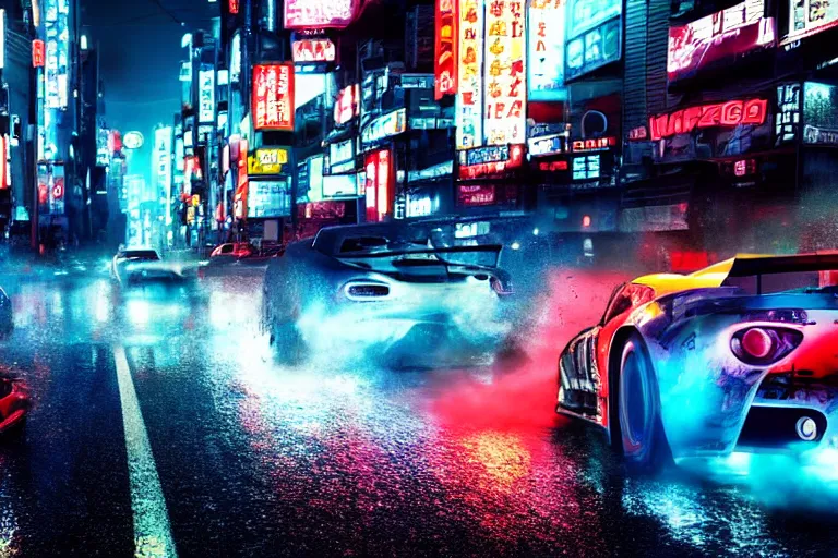 prompthunt: tokyo drift fast and furious film still, racing on wet city  street at night, hyper detailed, forza, smooth, need for speed, high  contrast, volumetric lighting, synthwave, octane, george miller, jim lee