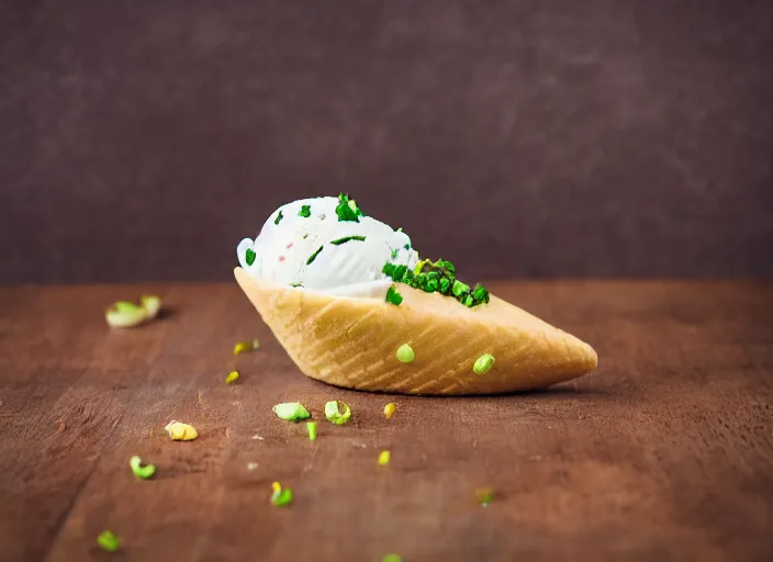 Image similar to dslr food photograph of ice cream cone with sliced jalapeno topping, 8 5 mm f 1. 8