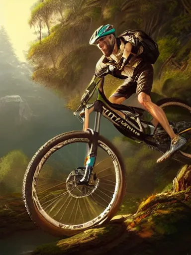 Prompt: handsome man riding a mountain bike in the wild. intricate, elegant, highly detailed, digital painting, artstation, cinematic shot, concept art, sharp focus, illustration, by justin gerard and artgerm, 8 k