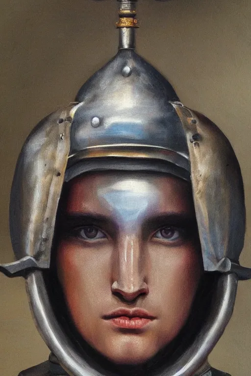 Image similar to hyperrealism oil painting, close - up portrait of caucasian medieval fashion model, knight, steel gradient mixed with nebula sky, in style of baroque mixed with 7 0 s japan book art