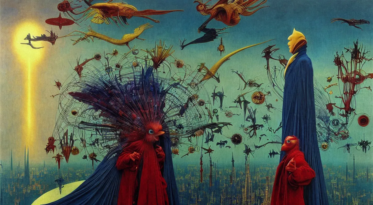 Image similar to realistic detailed portrait movie shot of a birdman wearing dark robes, sci fi city landscape background by denis villeneuve, amano, yves tanguy, alphonse mucha, ernst haeckel, max ernst, roger dean, masterpiece, rich moody colours, blue eyes, occult