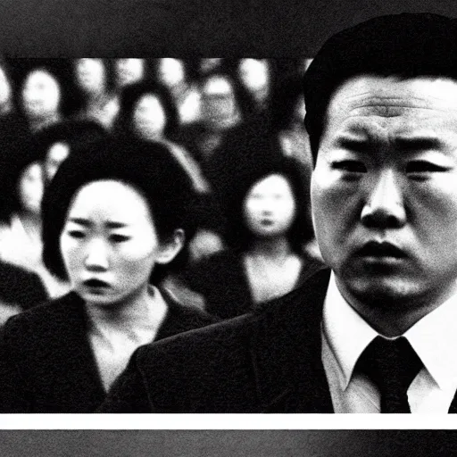 Image similar to low resolution filmstill of a north Korean thriller in the style of Akira Kurosawa