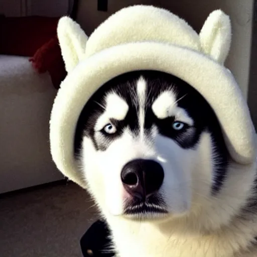 Image similar to A photo of a Husky dog wearing a hat