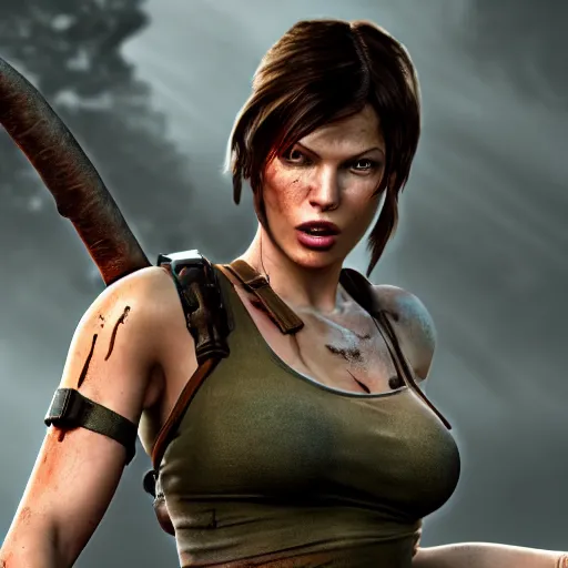 Image similar to milla jovovich as tomb raider , depicted as a Pixar character, high quality CG render, 4K