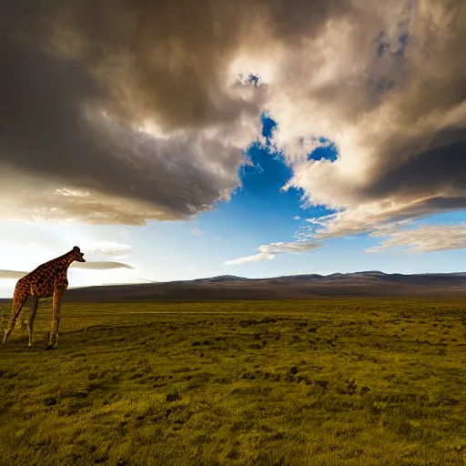 Image similar to national geographic landscape photograph of a valley, with a gigantic giraffe in the distance reaching upwards and eating the clouds