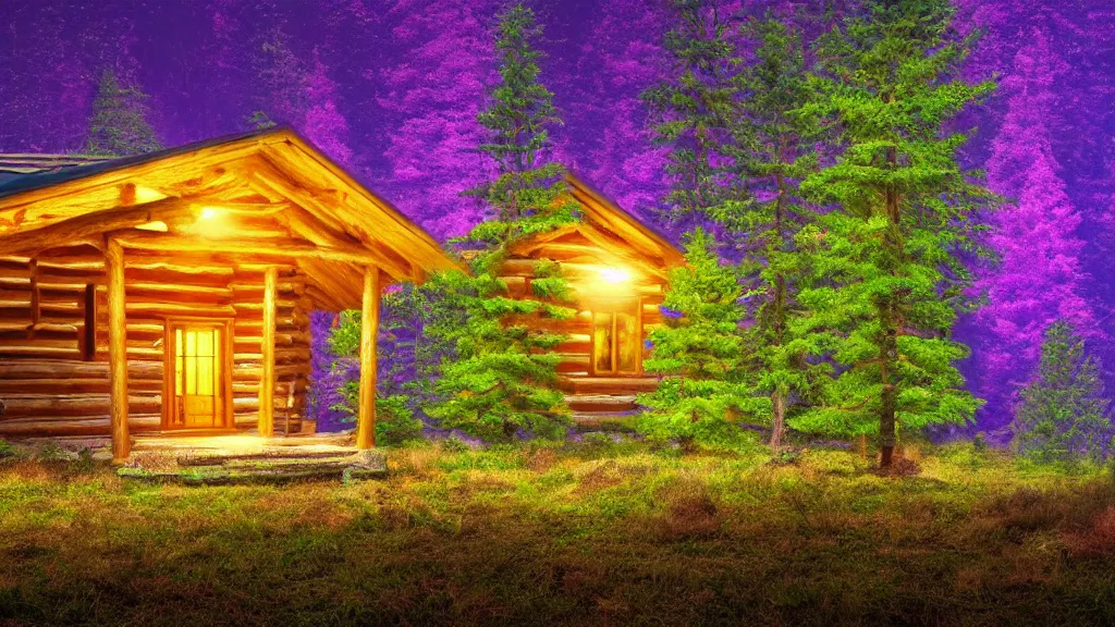 Prompt: portrait of an ethereal vaporwave log cabin made of golden purple and green light, evergreen forest, divine, cyberspace, mysterious, high-contrast, 4k, award-winning photograph