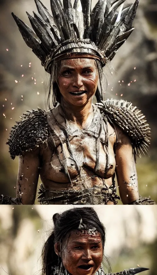 Image similar to sweated smiling ancient princess tribewoman in berserk, partially destroyed armor inspired monster hunter, low shot camera, muscular, symmetrical face, clean face, subtle make up, debris and arrows flies around her, frozen time effect,dramatic lighting, cinematic, establishing shot, extremely high detail, photorealistic, 300 the movie,monster hunter the movie, dune the movie, cinematic lighting, artstation, octane render, western,old photo, vintage