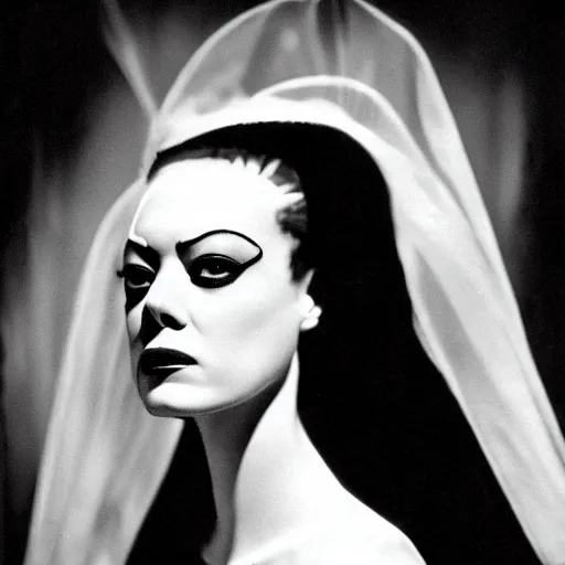 Image similar to emma stone as the bride of frankenstein, 1 9 3 5, universal, movie, photography, portrait, beautiful,