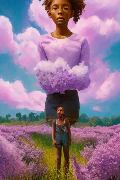 Image similar to portrait, giant lilac flower as head, black girl in heather field, surreal photography, golden hour, colorful clouds, impressionist painting, digital painting, artstation, simon stalenhag