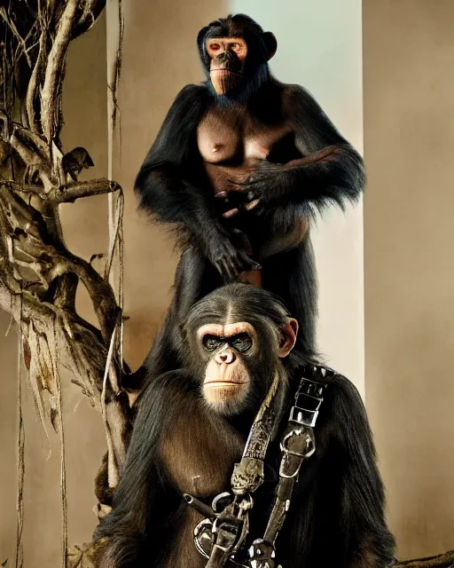 Image similar to Jared Leto As the Chimpanzee Cornelius in The Planet of the Apes, he is wearing a Steampunk androgynous victorian era dress designed by Sandy Powell, Studio Lighting, Highly detailed Chimpanzee facial prosthetics by Rick Baker, Studio Lighting, Shot in the Style of Annie Leibovitz