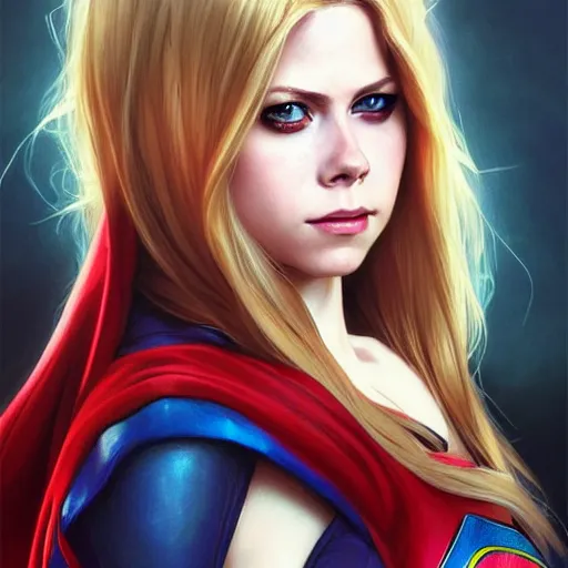 Image similar to beautiful Avril Lavigne as Super Girl, western, closeup, D&D, fantasy, intricate, elegant, highly detailed, digital painting, artstation, concept art, matte, sharp focus, illustration, art by Artgerm and Greg Rutkowski and Alphonse Mucha