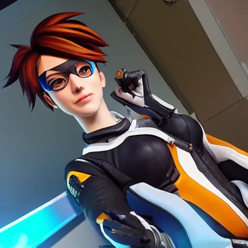 Image similar to Tracer from Overwatch relaxing after a day of hard work