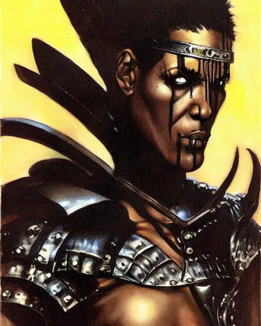 Image similar to portrait of a skinny punk goth denzel washington wearing armor by simon bisley, john blance, frank frazetta, fantasy, thief warrior