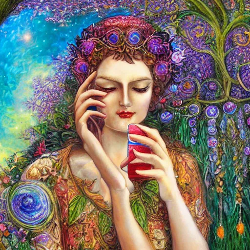 Prompt: a nature goddess checking her cell phone by senior concept artist josephine wall, acrylic on canvas, intricately detailed