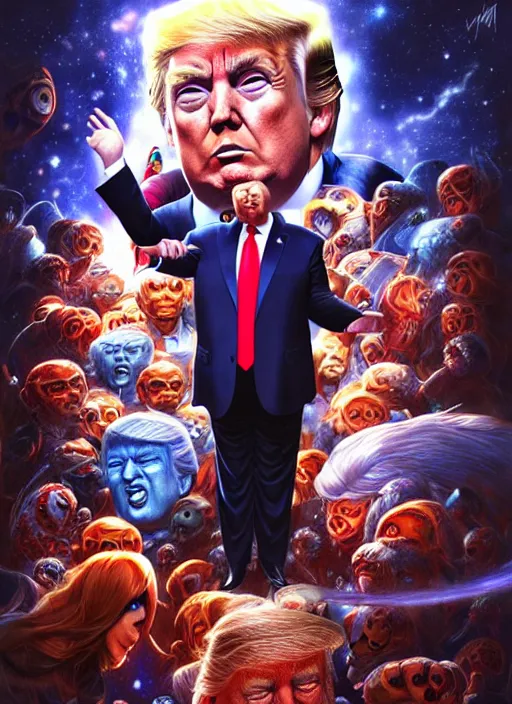 Prompt: donald trump surrounded by famous video game characters, cosmic horror painting, elegant intricate digital painting artstation concept art by mark brooks and brad kunkle detailed