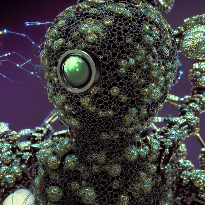 Image similar to a cybernetic symbiosis of a single astronaut mech-organic eva suit made of pearlescent wearing knitted shiny ceramic multi colored yarn thread infected with diamond 3d fractal lace iridescent bubble 3d skin dotted covered with orb stalks of insectoid compound eye camera lenses floats through the living room, film still from the movie directed by Denis Villeneuve with art direction by Salvador Dalí, wide lens,kevlar,carbon fiber,ceramics,gaseous materials,