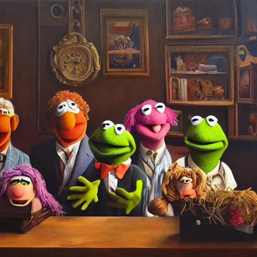 Image similar to muppet show, oil on canvas, surrealism, highly detailed, masterpiece, award - winning, artstationhd