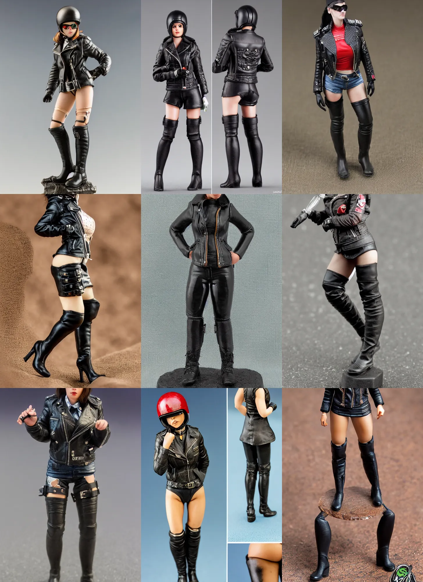 Prompt: 80mm resin detailed miniature of a biker woman, Short jacket, helmet, over-knee boots, navel, thigh skin, on textured base; Miniature product Photos, 4K, Full body;