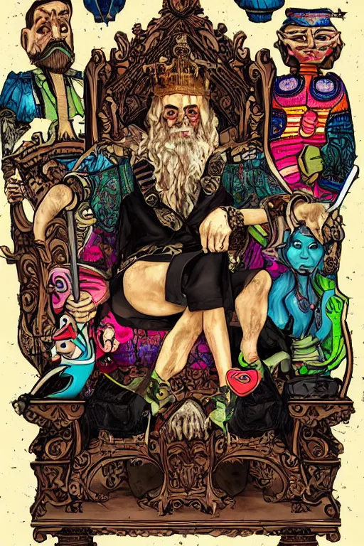 Image similar to a man sitting in a throne, surrounded by your alternative personalities in lowbrow art style