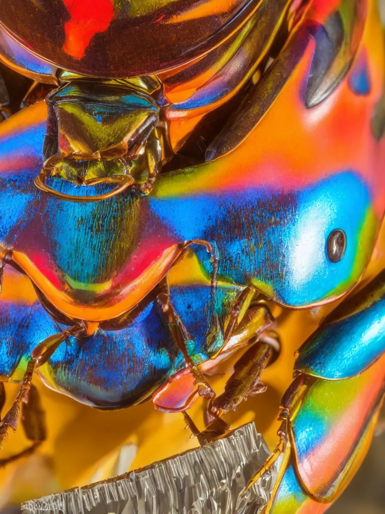 Prompt: close - up shot of a beautiful colorful beetle. insect eyes. complementary color scheme. by slim aarons, by kechun zhang. studio photography high quality highly detailed award winning photograph by national geographic, sculpture by antonio canova, renaissance painting. soft volumetric light