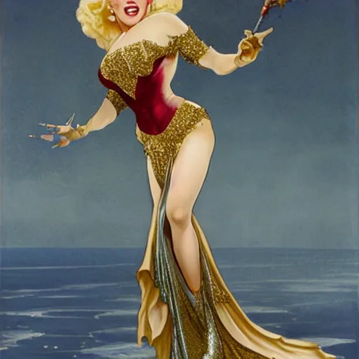 Image similar to an extremely detailed matte painting marilyn monroe as a powerful sorceress in a resplendent silver and gold dress with crimson trim and a long leg slit, in the style of magic the gathering, 8 k, sharp focus, detailed face, art by john collier and albert aublet and krenz cushart and artem demura and alphonse mucha